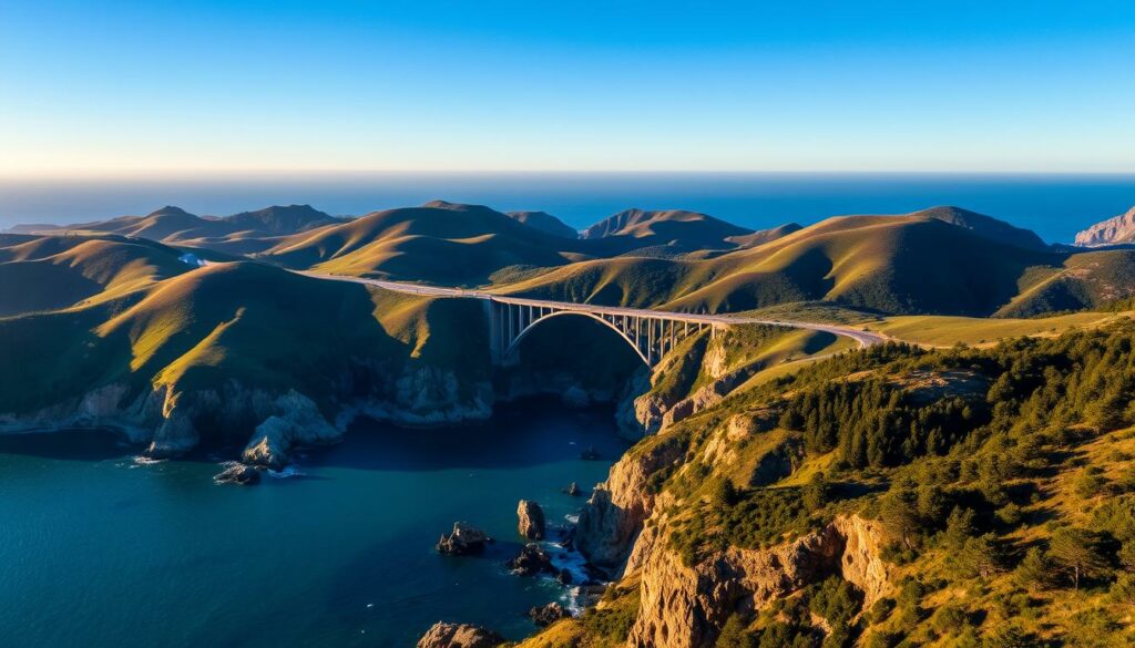 A breathtaking aerial view of Big Sur's stunning coastal landscape. In the foreground, rugged cliffs plunge into the turquoise Pacific, dotted with rocky outcroppings and hidden coves. Lush, verdant hills and canyons sweep across the middle ground, their folds and shadows cast by the warm, golden hour light. The iconic Bixby Creek Bridge stretches gracefully across a deep ravine, framed by towering redwood trees. In the distance, the horizon is painted with a palette of blues, from the deep indigo of the open ocean to the hazy, cerulean sky above. The scene exudes a serene, majestic atmosphere, capturing the essence of Big Sur's natural beauty and allure.