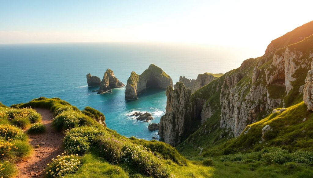 A breathtaking coastal landscape along the South West Coast Path in Cornwall, England. In the foreground, a rugged trail winds through lush, verdant cliffs dotted with wildflowers. The middle ground reveals a vast, azure ocean lapping against dramatic, weathered rock formations. In the distance, a panoramic view of the distant horizon, where the sky seamlessly blends with the shimmering sea. Warm, golden sunlight casts a soft, ethereal glow over the entire scene, evoking a sense of tranquility and timeless beauty. Captured with a wide-angle lens to accentuate the grandeur and vastness of this natural wonder, a quintessential representation of the stunning Cornwall coastline.