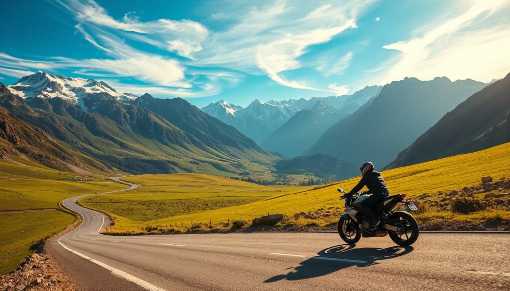A breathtaking landscape of the Südtirol region, with a winding mountain road cutting through the rugged, snow-capped peaks. The sky is a brilliant azure, with wispy clouds casting soft shadows over the lush, green meadows below. In the foreground, a solitary motorcycle glides effortlessly along the asphalt, its rider leaning into the curves with a sense of exhilaration and freedom. The image is bathed in warm, golden sunlight, creating a serene and inviting atmosphere that captures the essence of Südtirol's ideal motorcycle touring weather.