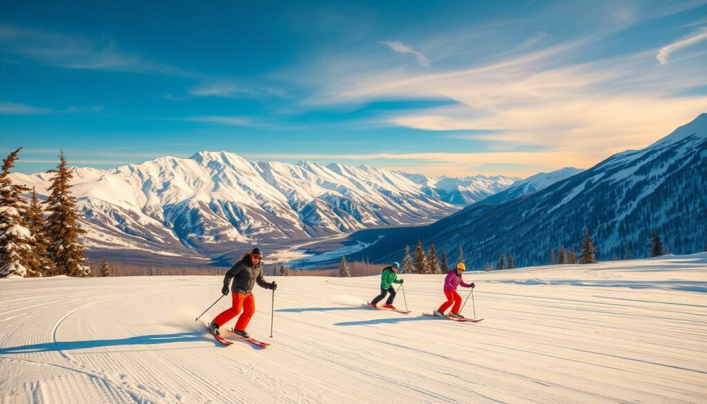A breathtaking winter landscape in the Canadian Rockies, with a group of skiers gracefully carving turns down a pristine, snow-covered slope. The foreground is dominated by the skiers' vibrant outfits and equipment, their movement captured in a dynamic, frozen moment. The middle ground features a majestic mountain range, its peaks capped with glistening white snow, bathed in the warm glow of the afternoon sun. In the background, a clear, azure sky stretches out, dotted with wispy clouds. The overall scene conveys a sense of peaceful serenity and the pure joy of an idyllic ski getaway in the heart of the Canadian wilderness.