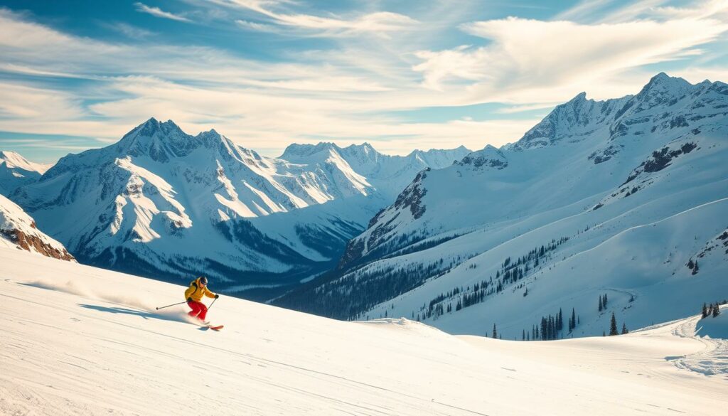 A breathtaking winter landscape in the Canadian Rockies, with a skier carving effortless turns down a pristine, snow-covered slope. The foreground features the skier, wearing brightly colored ski gear that stands out against the pure white of the snow. The middle ground showcases the dramatic, jagged peaks of the mountains, their towering presence casting long shadows across the scene. In the background, a clear, azure sky is dotted with wispy clouds, creating a sense of tranquility and serenity. The lighting is crisp and clear, casting a warm, golden glow over the entire scene, highlighting the texture of the snow and the crisp, clean lines of the mountains. The overall mood is one of adventure, excitement, and the beauty of the great outdoors.