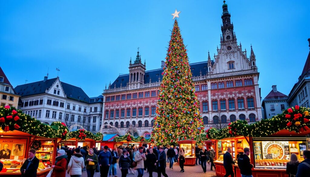 A bustling Christmas market in the heart of Munich, Germany. The picturesque Marienplatz is adorned with twinkling lights, festive stalls, and the towering Christmas tree that stands as the centerpiece. Visitors stroll through the cobblestone streets, browsing handcrafted ornaments, sipping mulled wine, and savoring the scent of freshly baked gingerbread. In the background, the iconic facades of historic buildings, such as the New Town Hall, create a charming and atmospheric setting. The market is alive with the sound of carolers, the laughter of children, and the chatter of locals and tourists alike, all immersed in the magic of the holiday season in Munich.