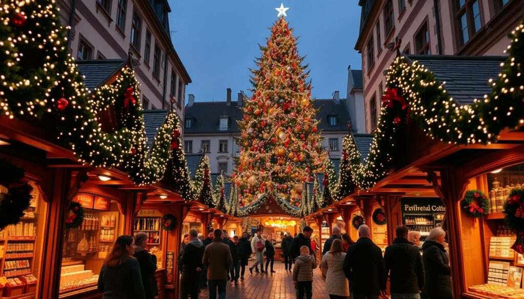A bustling Christmas market in the heart of Munich, the Münchner Christkindlmarkt is a feast for the senses. Stroll through rows of quaint wooden stalls, their facades adorned with twinkling fairy lights and festive garlands. The air is filled with the enticing aromas of mulled wine, roasted chestnuts, and freshly baked gingerbread. In the center, a towering Christmas tree stands proudly, its branches heavy with ornaments and glowing with hundreds of candles. Children laugh and play, while adults browse the delicate handcrafted wares, from intricate nutcrackers to intricate glass ornaments. Capture the warmth and magic of this iconic German holiday tradition, with a wide-angle lens to showcase the bustling atmosphere and cozy ambiance of the Münchner Christkindlmarkt.