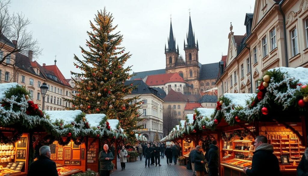 A bustling Christmas market in the heart of Prague, with a picturesque Old Town Square as the backdrop. In the foreground, rows of cozy wooden stalls selling traditional handcrafted ornaments, steaming mugs of mulled wine, and roasted chestnuts. The middle ground features a towering Christmas tree, its branches adorned with twinkling lights that cast a warm, festive glow. In the distance, the spires of the famous Prague Castle and St. Vitus Cathedral stand tall, silhouetted against a crisp winter sky. The scene is infused with a sense of wonder and nostalgia, capturing the essence of a quintessential European Christmas experience.