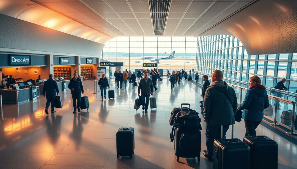 A bustling airport terminal bathed in warm, natural lighting. In the foreground, passengers navigate the spacious concourse, their luggage rolling smoothly beside them. The middle ground showcases the airport's various service counters and amenities, from check-in desks to duty-free shops, all meticulously designed with clean, modern aesthetics. In the background, floor-to-ceiling windows offer a panoramic view of the tarmac, where aircraft take off and land against a backdrop of the city's skyline. The overall atmosphere exudes efficiency, convenience, and a sense of adventure, perfectly capturing the essence of the Dresden Airport's service and offerings.