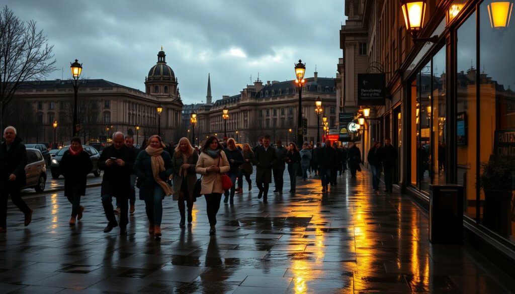 A bustling city street in late autumn, the warm glow of streetlamps reflecting off the glistening wet pavement. Pedestrians hurry past, bundled in coats and scarves, their breath visible in the crisp, cool air. In the distance, the silhouettes of historic buildings are framed by a moody, overcast sky, hinting at the change of seasons. Puddles on the sidewalk mirror the city's architecture, creating a sense of depth and movement. The overall scene conveys the practical, yet charming atmosphere of an urban getaway in November.