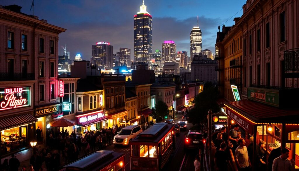 A bustling cityscape of San Francisco's iconic nightlife, bathed in the warm glow of neon lights and pulsating with the energy of lively crowds. In the foreground, the iconic cable cars wind their way through the steep streets, ferrying revelers to their destinations. The middle ground is alive with the vibrant sights and sounds of lively bars, clubs, and restaurants, their facades adorned with mesmerizing neon signs and awnings. In the background, the towering skyscrapers of the financial district stand as silent witnesses to the nighttime revelry, their illuminated windows casting a soft, ethereal light over the scene. The overall atmosphere is one of excitement, sophistication, and a quintessentially San Franciscan joie de vivre.
