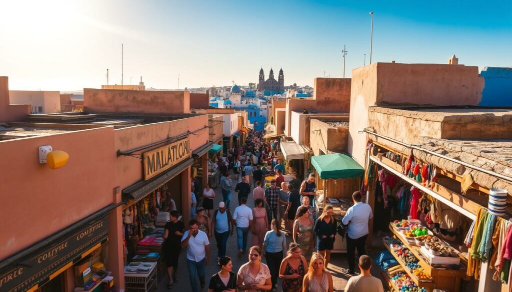 A bustling medina in Essaouira, Morocco, during the peak tourist season. Narrow alleyways filled with local vendors, their vibrant stalls overflowing with handcrafted goods, spices, and textiles. Crowds of visitors meander through the maze-like streets, capturing the vibrant atmosphere with their cameras. In the distance, the iconic blue-and-white buildings of the historic city center stand tall, contrasting with the clear blue sky above. Warm, golden sunlight filters through the winding pathways, creating a warm, inviting ambiance. The air is alive with the sounds of lively conversation, the calls of merchants, and the gentle breeze off the nearby Atlantic Ocean.