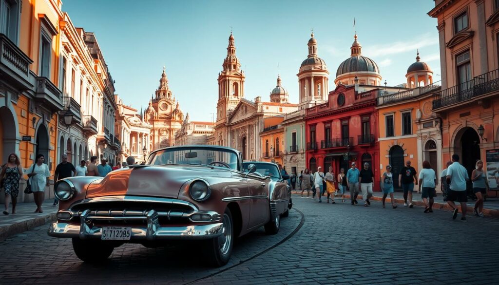 A bustling street in the heart of Kuba's Altstadt in Havana, surrounded by vibrant colonial-era buildings. In the foreground, a pristine vintage American car - a classic Oldtimer - stands majestically, its chrome details gleaming in the warm afternoon light. The middle ground is alive with pedestrians strolling along the cobblestone streets, creating a timeless atmosphere. In the background, the spires and domes of historic churches and plazas rise up, casting deep shadows that accentuate the aged architecture. The scene exudes a sense of nostalgic charm and timeless elegance, perfectly capturing the essence of Cuba's captivating colonial heritage.