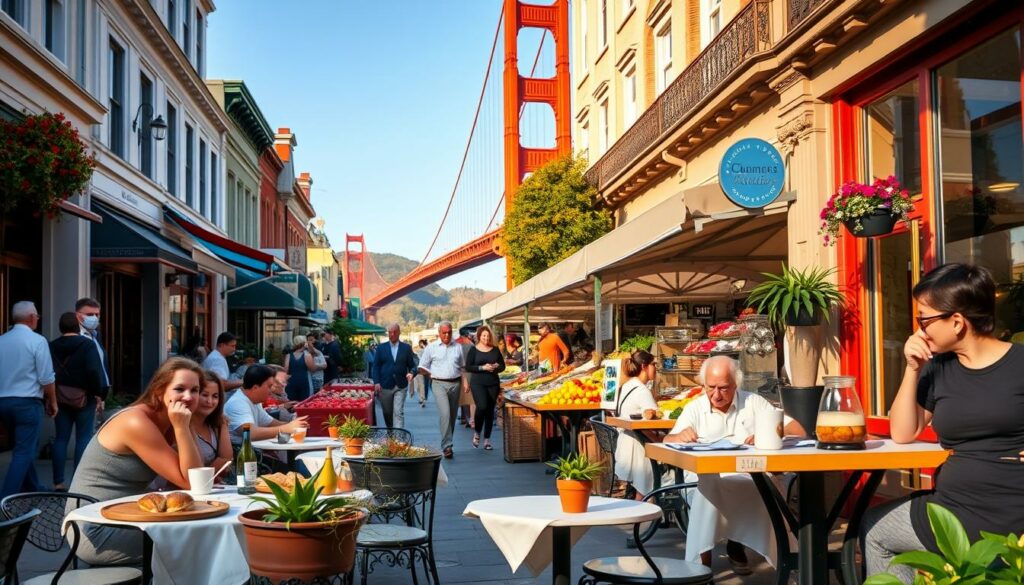 A bustling street in the heart of San Francisco, filled with vibrant colors and tantalizing aromas. In the foreground, a charming outdoor cafe with crisp white tablecloths and delicate potted plants. At the tables, diners savor local delicacies - fresh seafood, artisanal pastries, and steaming cups of aromatic coffee. The middle ground features a lively farmers market, stalls overflowing with ripe produce and handcrafted goods. In the background, the iconic Golden Gate Bridge stands tall, its vibrant orange hue illuminated by warm, golden afternoon light. The scene exudes a sense of culinary adventure and the city's lively, cosmopolitan spirit.