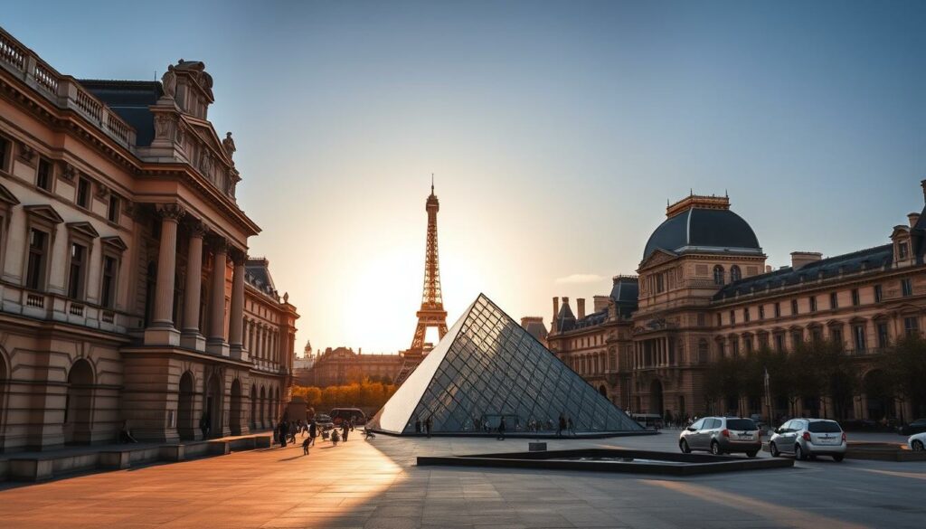 A cityscape of Paris's iconic museums, bathed in warm afternoon light. In the foreground, the grand, neo-classical facade of the Louvre Museum stands proud, its ornate columns and statues casting dramatic shadows. In the middle ground, the striking glass pyramid of the Louvre and the Eiffel Tower loom, creating a harmonious blend of old and new architectural styles. In the background, the spires of Notre-Dame Cathedral and other historic landmarks dot the skyline, hinting at the rich cultural heritage of the city. The scene conveys a sense of wonder, inviting the viewer to explore the wealth of art, history, and culture that the Parisian museums have to offer.