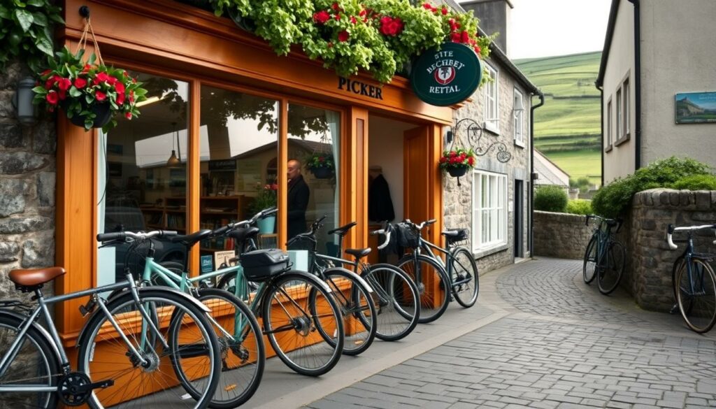 A cozy bicycle rental shop nestled in the rolling green hills of Ireland. The storefront features warm wooden accents, inviting cyclists to explore the picturesque countryside. Sleek, well-maintained rental bikes line the shelves, ready for adventurous travelers. Soft natural light filters through large windows, casting a gentle glow over the scene. The shop's exterior blends seamlessly with the quaint Irish village setting, complete with cobblestone streets and traditional architecture. A welcoming atmosphere encourages visitors to embark on a cycling journey, immersing themselves in the natural beauty and charming ambiance of Ireland.
