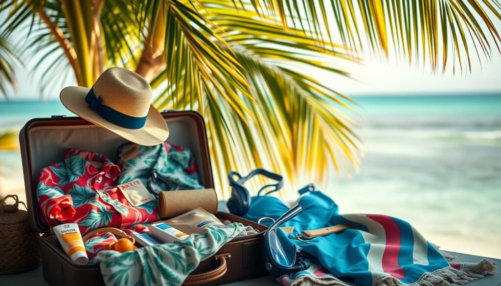 A cozy, sun-drenched packing checklist for a journey to the tropical paradise of French Polynesia. In the foreground, a vintage suitcase filled with vibrant shirts, sunhats, and swimwear in island-inspired patterns. Beside it, a selection of essentials - sunscreen, snorkel gear, and a beach towel in soft, earthy tones. In the middle ground, lush palm fronds sway gently, casting dappled shadows across the scene. The background features a serene, azure ocean horizon, evoking the tranquil beauty of the Tahitian islands. Soft, warm lighting illuminates the arrangement, creating an atmosphere of relaxation and anticipation for an unforgettable tropical getaway.