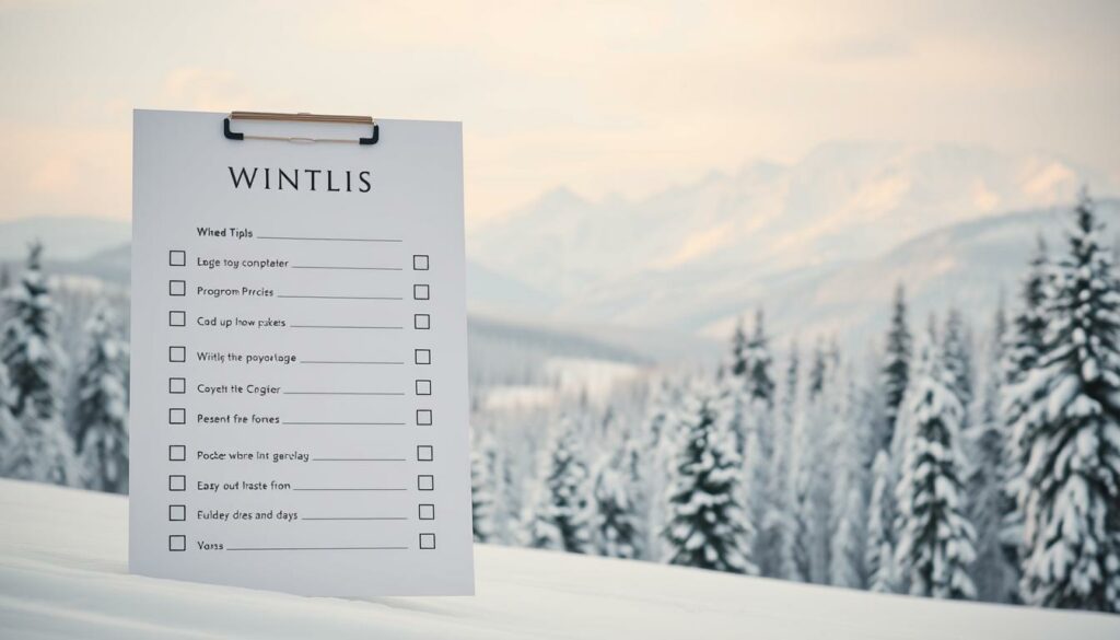 A crisp, minimalist checklist rendered in elegant typography, set against a soft, muted backdrop of winter landscapes. The foreground features a clean, sleek layout with carefully organized tasks and checkboxes, evocative of the methodical planning required for a successful winter getaway. The middle ground showcases a serene snow-dusted forest, hinting at the tranquil, restorative nature of the journey. In the background, majestic snow-capped peaks loom, conveying a sense of adventure, exploration and the promise of breathtaking vistas. Warm, diffused lighting casts a gentle glow, creating an atmosphere of cozy preparedness. The overall composition balances functionality, aesthetics and the anticipation of a winter wonderland.