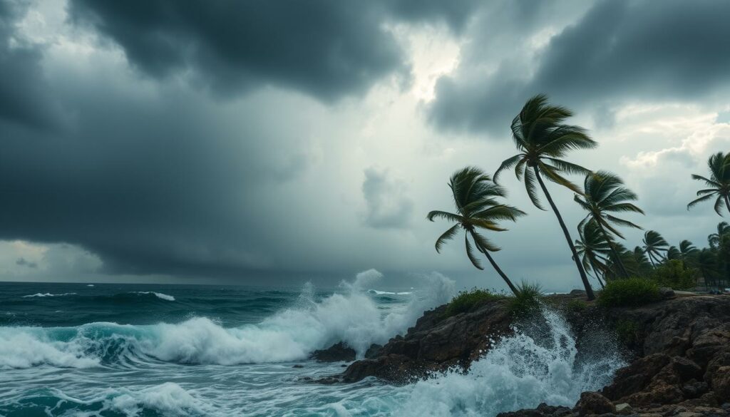 A dramatic, cinematic scene of the hurricane season in Varadero, Cuba. A sprawling, churning storm system dominates the sky, its swirling winds and rain lashing the palm-fringed coastline. In the foreground, powerful waves crash against rocky cliffs, sea spray filling the air. Ominous dark clouds loom overhead, casting an eerie, turbulent light across the turbulent seascape. Towering palm trees sway precariously, their fronds whipping in the gusting winds. The mood is one of raw, untamed natural power - a humbling display of the forces that shape this tropical paradise during the peak of hurricane season.