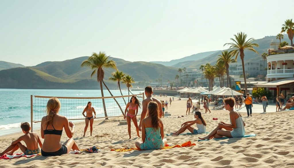 A dynamic and vibrant scene of a family on vacation with teenage children. The foreground shows a group of teenagers engaged in various activities - some playing a beach volleyball game, others lounging on colorful beach towels. Warm sunlight bathes the scene, creating a golden, nostalgic atmosphere. The middle ground features a picturesque coastal landscape, with rolling hills, swaying palm trees, and a sparkling azure ocean in the distance. In the background, a lively beach promenade bustles with cafes, shops, and street performers, capturing the energy and liveliness of a popular summer resort. The composition balances the different elements, showcasing the unique challenges and joys of a family vacation with teenagers.