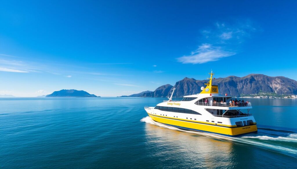 A ferry cruising across a calm fjord under a vibrant blue sky, the majestic Norwegian mountains rising in the distance. The ferry's sleek, modern design cuts gracefully through the azure waters, its white hull and bright yellow accents reflecting the sunlight. Passengers relax on the upper deck, taking in the breathtaking scenery as the boat approaches the rugged Norwegian coastline. The scene evokes a sense of adventure and tranquility, perfectly capturing the allure of traveling to Norway by ferry.