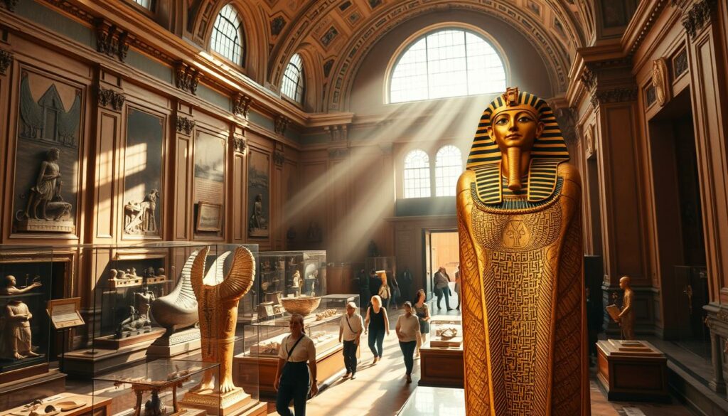 A grandiose golden mummy exhibition in an elegant museum gallery. Sunlight filters through high windows, casting a warm glow on the ancient sarcophagi and artifacts. In the foreground, a towering gilded mummy case stands majestically, its hieroglyphic-adorned surface shimmering. Surrounding it, display cases exhibit smaller relics, their intricate designs and textures inviting closer inspection. In the middle ground, visitors wander reverently, awed by the incredible preserved history. The background features ornate architectural details, lending an atmosphere of timeless wonder and scholarly refinement to the scene.