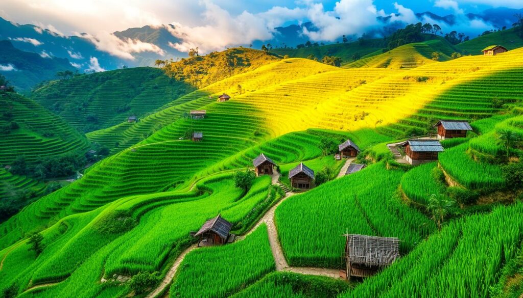 A lush, terraced landscape in northern Vietnam, with vibrant green rice paddies cascading down the hillsides, intertwined with winding footpaths and bamboo structures. Rustic rural homes dot the scene, their thatched roofs and wooden beams blending seamlessly with the natural surroundings. Wispy clouds cast gentle shadows over the scene, while the warm, golden glow of the sun bathes the entire landscape in a serene, tranquil light. A sense of harmony and timelessness pervades the image, capturing the essence of Vietnam's breathtaking northern region.