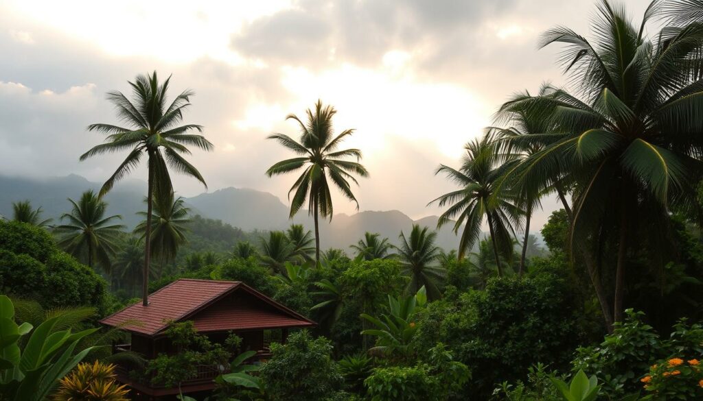 A lush, tropical landscape during the monsoon season in Sri Lanka. In the foreground, a serene Ayurvedic wellness center nestled amidst swaying palm trees and vibrant greenery. Sunlight filters through the clouds, casting a warm, golden glow over the scene. In the middle ground, traditional Ayurvedic practitioners guide guests through rejuvenating treatments, surrounded by the soothing sounds of rainfall. The background features misty mountains, their peaks shrouded in mist, creating a tranquil, restorative atmosphere. The overall mood is one of harmony, balance, and the restorative power of nature during the Monsunzeit, the ideal time for an Ayurvedic experience in Sri Lanka.
