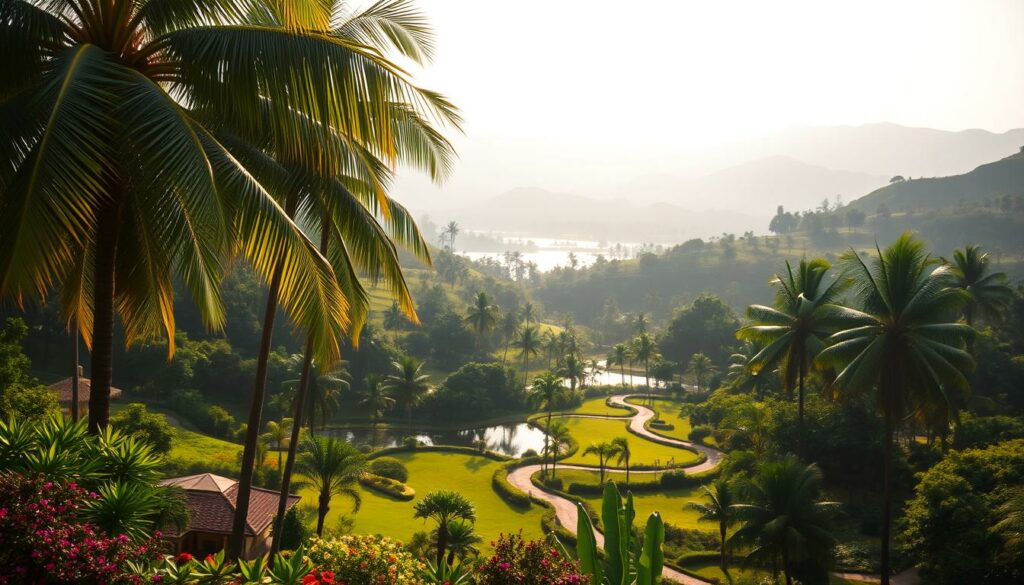 A lush, tropical landscape in Sri Lanka, bathed in warm, golden sunlight. In the foreground, a serene Ayurvedic spa nestled amidst swaying palm trees and vibrant flora. The middle ground features winding paths through verdant gardens, leading to a picturesque lake or river. In the background, hazy, undulating hills and mountains rise up, creating a tranquil, meditative atmosphere. The scene conveys a sense of harmony, wellness, and the ideal conditions for an Ayurvedic retreat - a gently diffused, soft-focus lens capturing the essence of Sri Lanka's welcoming climate year-round.