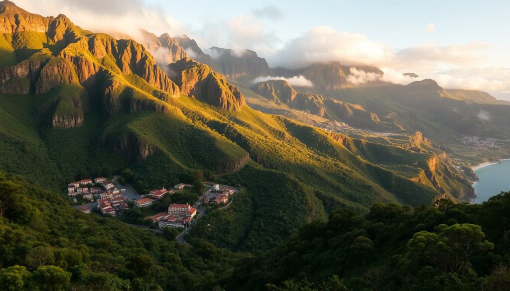 A lush, verdant landscape showcasing the diverse climate zones of Madeira, Portugal. In the foreground, a coastal village nestled between towering, craggy cliffs, bathed in warm, golden sunlight. The middle ground reveals a dramatic transition, with dense, misty laurel forests giving way to rugged, windswept peaks in the distance. Capture the striking contrast between the verdant, humid north and the drier, sunnier south of the island. Render this scene with rich, saturated colors, using a wide-angle lens to emphasize the dramatic scale and varied terrain. Convey a sense of tranquility and natural beauty, reflecting the unique microclimate and ecology of this island paradise.