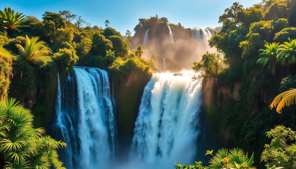 A lush, verdant landscape with the majestic Iguazu Waterfalls cascading in the foreground. The thundering water crashes over the rocky cliffs, creating a mesmerizing display of power and beauty. Sunlight filters through the mist, casting a warm, golden glow on the scene. Tropical foliage surrounds the falls, with vibrant greens and the occasional splash of colorful flowers. The composition captures the scale and grandeur of this natural wonder, set against a backdrop of a clear, azure sky. A wide-angle lens is used to encompass the entirety of the falls, while a medium depth of field keeps the focus on the cascading water while maintaining the lush, verdant surroundings. The resulting image conveys the awe-inspiring majesty and the humid, tropical climate of the Iguazu Waterfalls.