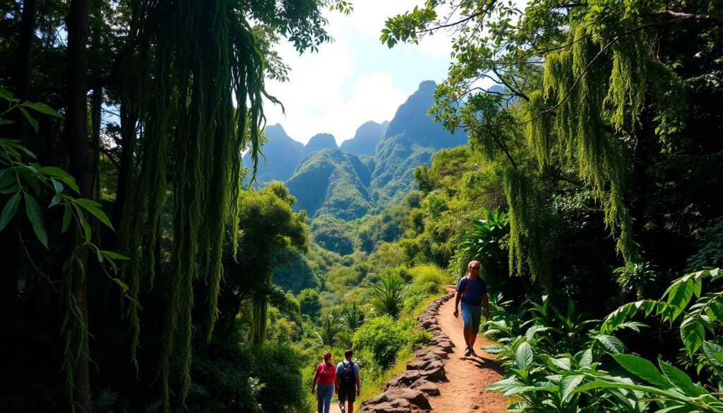 A lush, verdant rainforest canopy stretches across the rugged, volcanic landscapes of Saba and Dominica. Towering emerald trees sway gently in the breeze, their branches cloaked in a veil of thick, trailing vines. Sunlight filters through the foliage, casting a warm, dappled glow over the scene. In the middle ground, a winding hiking trail meanders through the untamed wilderness, leading the viewer deeper into this pristine, unspoiled paradise. The background is dominated by dramatic, jagged peaks, their slopes draped in a vibrant tapestry of tropical greenery. An atmosphere of tranquility and natural wonder pervades the image, inviting the viewer to immerse themselves in the breathtaking beauty of these Caribbean islands.