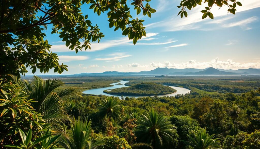 A lush, vibrant landscape showcasing the diverse climate of Belize. In the foreground, a verdant jungle canopy teeming with tropical flora and fauna, the sunlight filtering through the dense foliage. In the middle ground, a winding river snakes its way through the landscape, its glistening surface reflecting the azure sky above. In the distance, rolling hills and towering mountains rise, their peaks shrouded in wispy clouds. The scene is bathed in a warm, golden glow, capturing the essence of Belize's tropical climate. The composition offers a sense of depth and balance, inviting the viewer to immerse themselves in this captivating natural wonder.
