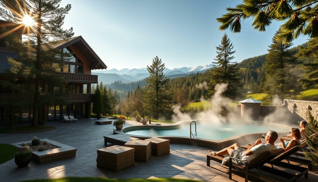 A luxurious wellness retreat nestled in the lush, rolling hills of the Black Forest. Sunlight filters through the tall pine trees, casting a warm glow over the elegant, timber-framed spa building. A tranquil outdoor pool is surrounded by natural stone, steam rising from the heated waters. Guests recline on plush loungers, sipping local wine and indulging in gourmet spa cuisine. In the distance, the snow-capped peaks of the Schwarzwald mountains provide a majestic backdrop. An atmosphere of total relaxation and rejuvenation pervades the scene, capturing the essence of "Wellness im Schwarzwald".