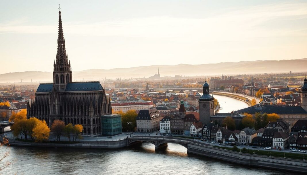 A majestic cityscape of Köln, Germany, bathed in warm golden light. The iconic Kölner Dom rises majestically in the foreground, its intricate Gothic spires piercing the sky. In the middle ground, the historic city center unfolds, its cobblestone streets and half-timbered buildings exuding timeless charm. The flowing waters of the mighty Rhine River meander through the scene, reflecting the city's vibrant energy. In the background, the rolling hills of the Rhineland provide a scenic backdrop, hinting at the natural beauty that surrounds this historic metropolis. A sense of tranquility and wonder permeates the atmosphere, inviting the viewer to explore the timeless allure of this captivating city.