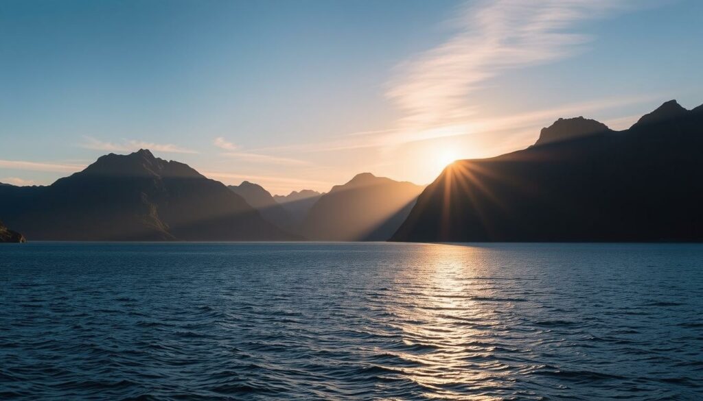 A panoramic landscape of the Lofoten Islands during the summer solstice, showcasing the dramatic interplay of light and shadow. In the foreground, a tranquil fjord reflects the golden glow of the midnight sun, its surface rippling gently. Towering mountains rise in the background, their jagged peaks piercing the endless blue sky. Streaks of vibrant colors dance across the horizon, hinting at the vibrant hues of the archipelago's flora. The scene exudes a sense of serene, ethereal beauty, capturing the essence of the Lofoten's long summer days.