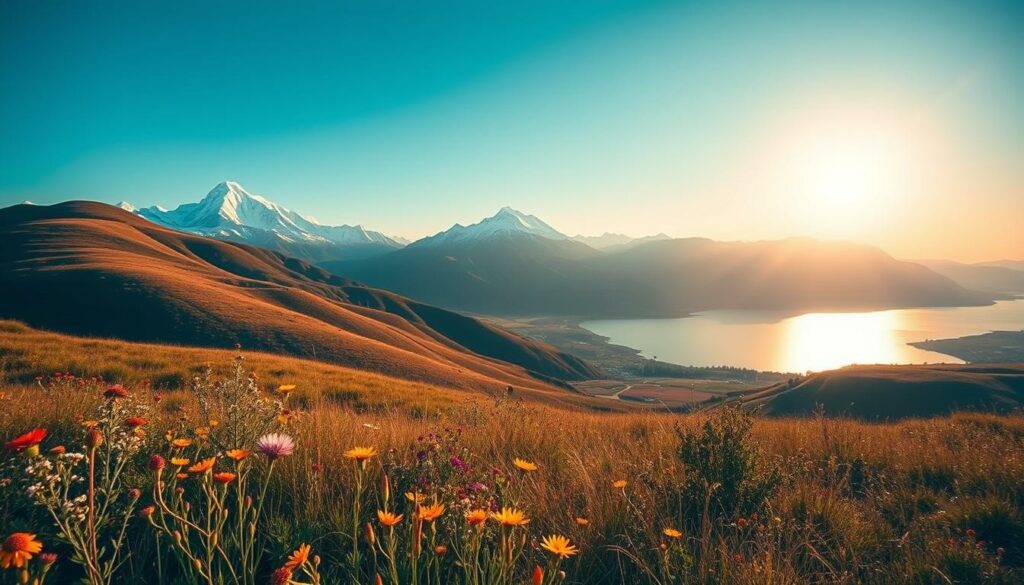 A panoramic vista of the diverse landscapes of Argentina, captured in a wide-angle lens. In the foreground, rolling hills dotted with vibrant wildflowers sway gently in a soft breeze. The middle ground reveals a majestic mountain range, their snow-capped peaks piercing the azure sky. In the distance, a shimmering lake reflects the golden hues of the setting sun, casting a warm glow over the entire scene. The lighting is soft and diffused, creating a serene and inviting atmosphere. A sense of adventure and exploration permeates the image, capturing the essence of the best travel season in this captivating South American destination.