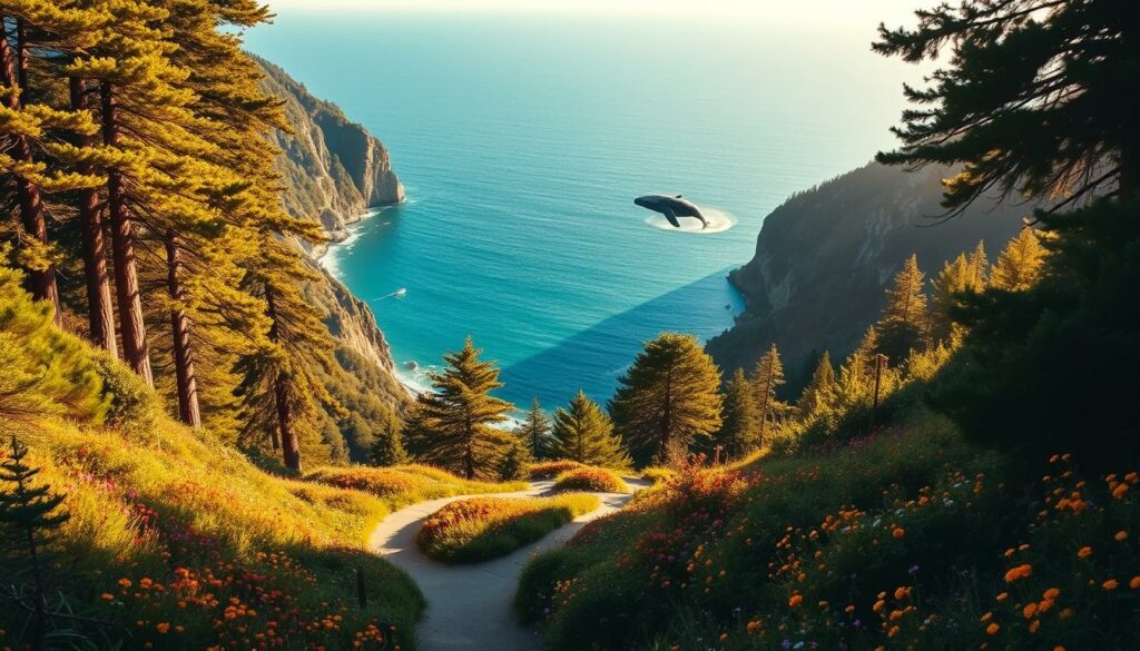 A panoramic vista of the stunning Big Sur coastline, with towering redwood forests lining the rugged cliffs that plunge into the azure Pacific Ocean. The warm, golden afternoon sunlight illuminates the scene, casting long shadows across the lush, verdant foliage. In the foreground, a winding hiking trail meanders through a carpet of vibrant wildflowers, while in the distance, a majestic humpback whale breaches the surface, its massive body momentarily suspended in mid-air. The overall atmosphere exudes a powerful, serene, and untamed energy, capturing the essence of the unspoiled natural beauty that defines this breathtaking region of California.