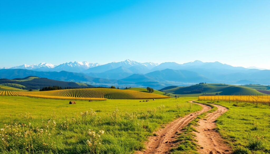 A picturesque Georgian countryside landscape during the prime travel season. In the foreground, a winding dirt path leads through a lush, verdant meadow dotted with wildflowers. In the middle ground, rolling hills covered in a patchwork of vineyards and orchards stretch into the distance. The background features the majestic, snow-capped peaks of the Caucasus Mountains, bathed in warm, golden sunlight. A cloudless azure sky overhead completes the serene, idyllic scene. The overall mood is one of tranquility and natural beauty, perfectly capturing the essence of the best time to visit Georgia and explore its diverse outdoor activities.