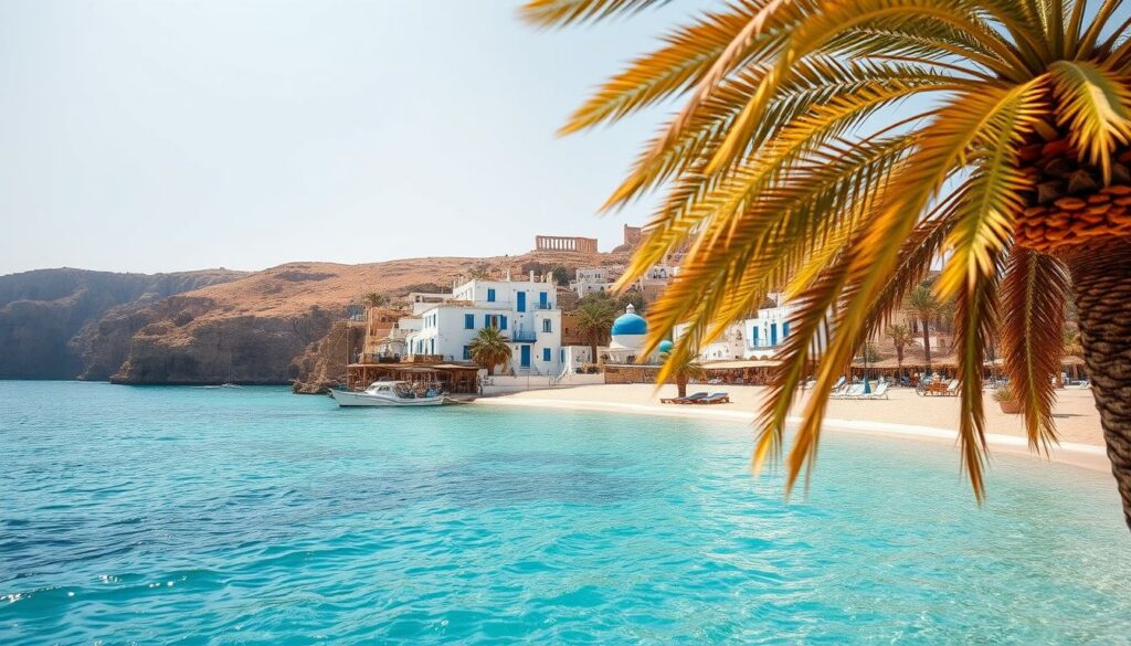 A picturesque Mediterranean coastline in Egypt, with crystal-clear turquoise waters lapping against pristine sandy beaches. In the foreground, palm trees sway gently in the warm breeze, their fronds casting soft shadows on the ground. The middle ground features traditional whitewashed buildings with vibrant blue accents, nestled between rugged cliffs and rolling hills. In the distance, the horizon is dotted with ancient ruins, hinting at the rich history of this captivating region. The scene is bathed in warm, golden sunlight, creating a serene and inviting atmosphere perfect for a leisurely seaside getaway. Shot with a wide-angle lens to capture the expansive grandeur of the Mittelmeerküste Ägypten.