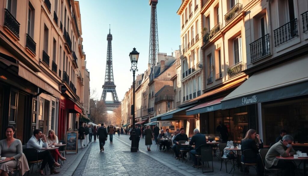 A picturesque Parisian street near the city center, bathed in the warm glow of the afternoon sun. In the foreground, cobblestoned sidewalks lined with quaint cafes and bakeries, their outdoor tables occupied by couples and groups enjoying coffee and pastries. In the middle ground, a charming wrought-iron street lamp casts a soft light, while in the background, the iconic silhouette of the Eiffel Tower rises majestically, framed by the city's historic buildings. The scene exudes a sense of romance and old-world charm, perfectly capturing the essence of a Parisian honeymoon experience.
