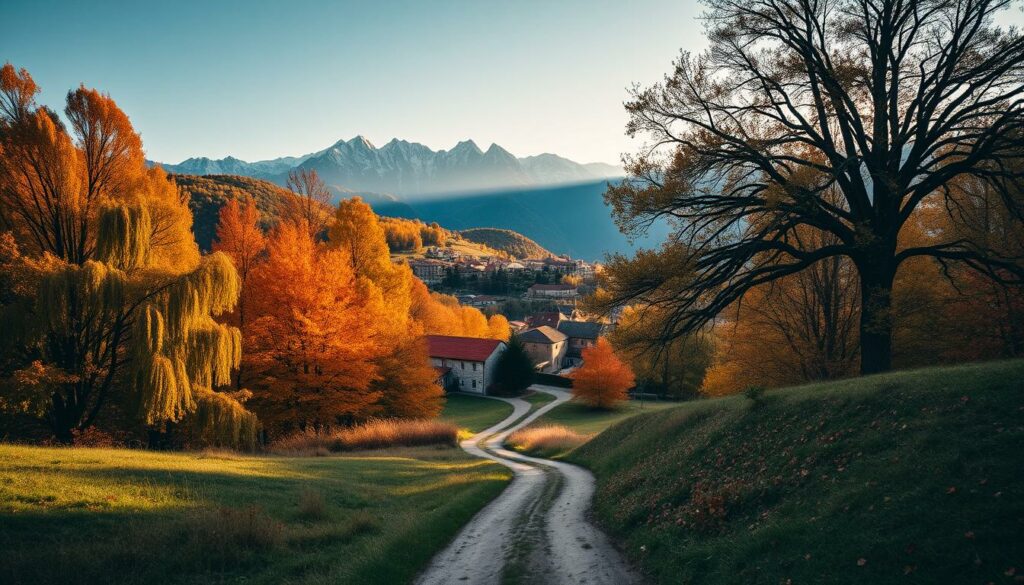 A picturesque autumn scene in Montenegro, with a vibrant palette of oranges, reds, and yellows adorning the lush, rolling hills. In the foreground, a winding dirt path leads through a forest of towering, majestic oak trees, their leaves rustling in the gentle breeze. In the middle ground, a quaint village nestled among the hills, its traditional stone buildings and red-tiled roofs reflecting the warm glow of the setting sun. In the background, the rugged, snow-capped peaks of the Montenegrin mountains rise majestically, casting long shadows across the landscape. The lighting is soft and diffused, creating a warm, cozy atmosphere, and the camera angle captures a sweeping, panoramic view of the idyllic autumnal scene.