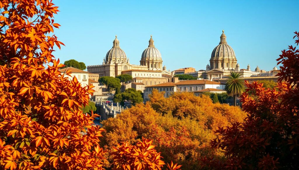 A picturesque autumn scene in the heart of Rome, Italy. In the foreground, lush foliage in warm hues of orange, red, and gold create a vibrant tapestry against the backdrop of the city's iconic landmarks. In the middle ground, the majestic Castel Sant'Angelo stands proud, its terracotta-tiled roofs and ornate architecture bathed in the soft, golden light of an October afternoon. In the distance, the iconic dome of St. Peter's Basilica rises majestically, framed by a clear, azure sky. The overall atmosphere is one of tranquility and serenity, inviting the viewer to immerse themselves in the magic of Rome during the enchanting autumn season.