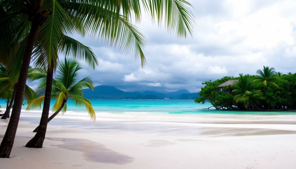 A picturesque beach scene on the island of Boracay, Philippines, under a cloudy, rainy sky. The foreground showcases lush palm trees swaying in a gentle breeze, their fronds catching the falling raindrops. In the middle ground, the pristine white sand of the beach is partially obscured by shallow puddles, reflecting the overcast sky above. The turquoise waters of the Sulu Sea gently lap against the shore, creating a soothing, tranquil atmosphere. The background features distant mountains, their peaks shrouded in mist, creating a serene and atmospheric setting. The lighting is soft and diffused, lending a moody, contemplative mood to the scene. The overall impression is one of a tropical paradise during the rainy season, capturing the essence of Boracay's weather and climate.