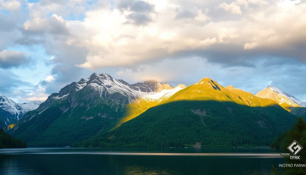 A picturesque fjord landscape in West Norway, captured in the golden glow of the evening sun. In the foreground, a serene body of water reflects the rugged, snow-capped mountains that rise majestically on the opposite shore. The middle ground features lush, verdant forests cascading down the steep slopes, while the background is dominated by a dramatic, cloud-kissed sky. The scene exudes a sense of tranquility and grandeur, perfectly suited for a captivating motorcycle tour through this breathtaking region.