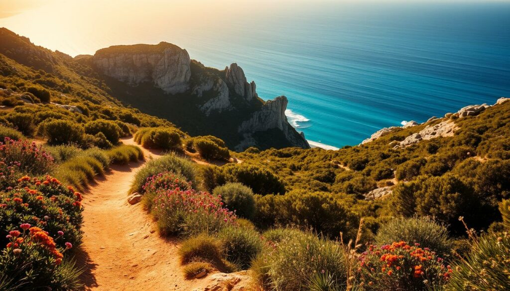 A picturesque hiking trail on the lush, verdant island of Menorca, winding through rolling hills and rocky terrain. The foreground features a dusty path flanked by vibrant wildflowers, with a gentle breeze rustling the foliage. In the middle ground, rugged limestone cliffs rise up, casting dramatic shadows across the landscape. The background showcases the brilliant azure of the Mediterranean Sea, punctuated by the occasional white-capped wave. Warm, golden sunlight bathes the scene, creating a serene and tranquil atmosphere. The overall composition evokes a sense of adventure and the joy of exploring the natural beauty of this Balearic gem.