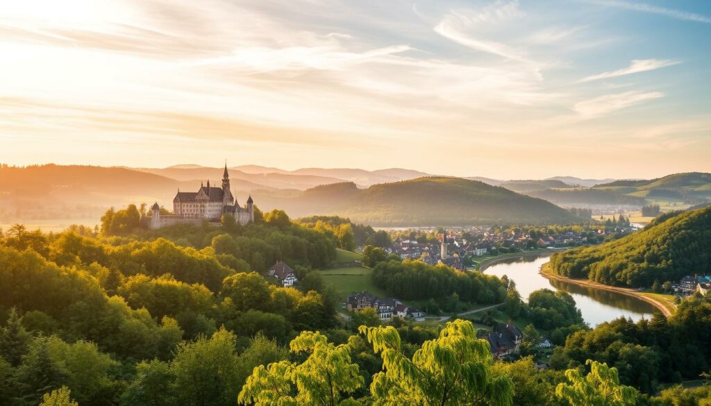 A picturesque landscape of lush rolling hills, verdant forests, and winding rivers in the heart of North Rhine-Westphalia, Germany. Majestic medieval castles and charming half-timbered villages dot the horizon, bathed in warm, golden sunlight filtering through wispy clouds. In the foreground, a tranquil lake reflects the surrounding natural beauty, inviting visitors to explore the serene outdoor haven. The scene exudes a sense of timeless wonder and understated elegance, capturing the essence of the region's most captivating travel destinations.