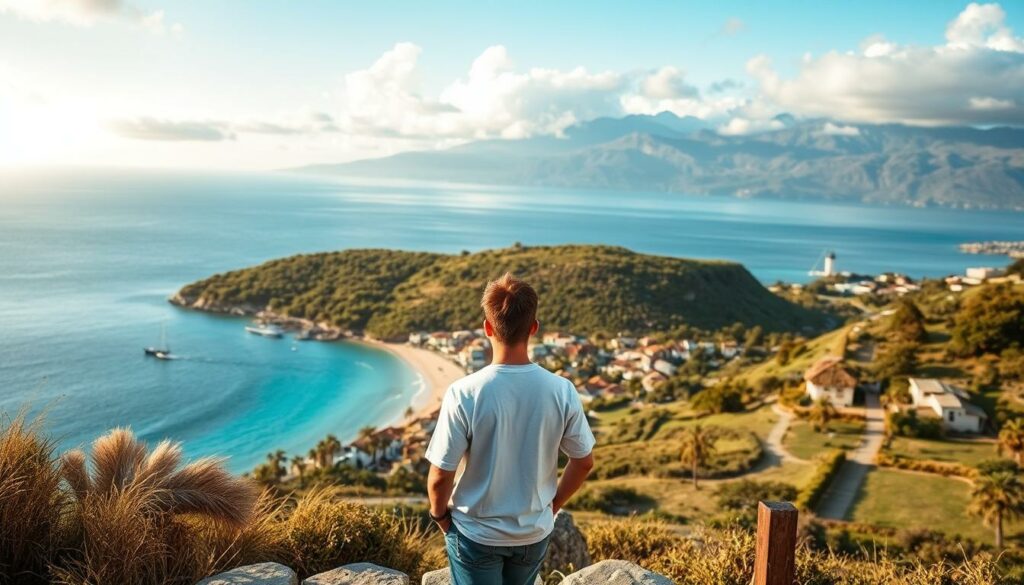 A picturesque landscape overlooking a serene coastal town, the perfect setting for planning a romantic honeymoon getaway. In the foreground, a young couple stands together, gazing out at the azure waters and white-sand beaches. Soft, warm lighting filters through wispy clouds, casting a golden glow over the scene. The middle ground features lush, verdant hills dotted with charming cottages and cobblestone pathways, hinting at the quaint charm of the destination. In the background, a majestic mountain range rises up, its peaks capped with snow. The overall atmosphere conveys a sense of tranquility, intimacy, and the promise of a blissful, unforgettable honeymoon experience.