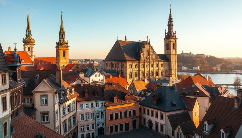 A picturesque medieval cityscape, the historic Altstadt (Old Town) of Krakow, Poland. In the foreground, cobblestone streets lined with charming pastel-colored buildings, their facades adorned with intricate architectural details. Towering church spires and domes punctuate the skyline, bathed in warm, golden afternoon light. In the middle ground, the iconic Cloth Hall stands tall, its Renaissance-style roof and arcaded facade reflecting the city's rich cultural heritage. In the background, the serene Vistula River winds through the landscape, with the Wawel Castle hill overlooking the scene. An atmosphere of timeless elegance and historic significance permeates this beloved Polish destination.