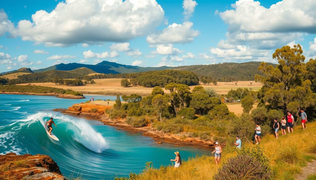 A picturesque scene of quintessential Australian outdoor activities set against a stunning natural backdrop. In the foreground, people engaged in diverse pursuits - surfing crashing waves, hiking scenic trails, kayaking tranquil rivers. The middle ground features lush, verdant landscapes with rolling hills, towering eucalyptus trees, and azure skies dotted with fluffy white clouds. Warm, golden lighting bathes the entire composition, evoking a sense of adventure, freedom, and the vibrant, laid-back Australian lifestyle. The overall mood is one of exploration, relaxation, and immersion in the country's beautiful natural wonders - capturing the essence of the optimal travel season in Australia.