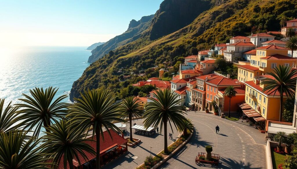 A picturesque seaside town nestled in the lush, verdant hills of Madeira, Funchal is a vibrant destination that beckons visitors year-round. Capture the essence of this enchanting island oasis with a wide-angle lens, showcasing the colorful buildings cascading down the slopes, their terracotta roofs and pastel facades basking in the warm, golden light of the Mediterranean sun. In the foreground, stroll along the picturesque promenade, its cobblestone walkways flanked by swaying palm trees and lively cafes. In the middle distance, the sparkling azure waters of the Atlantic Ocean glisten, inviting you to gaze out towards the horizon. Framing the scene, the lush, verdant hills rise up, their slopes blanketed in a tapestry of lush vegetation, hinting at the island's abundant natural wonders. Convey a sense of tranquility and timeless charm, as if inviting the viewer to immerse themselves in the idyllic, laid-back rhythm of Madeira's most beloved city.