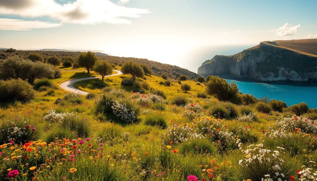 A picturesque spring landscape in Menorca, Spain. In the foreground, a lush meadow abloom with vibrant wildflowers and shrubs. In the middle ground, a winding trail leads through the rolling hills, framed by gently swaying olive trees and almond blossoms. The background features a distant coastline with craggy limestone cliffs overlooking the shimmering azure waters of the Mediterranean Sea. Warm golden sunlight filters through wispy clouds, casting a soft, ethereal glow over the entire scene. The composition should evoke a sense of tranquility, natural beauty, and the joyful awakening of spring on this enchanting Balearic island.