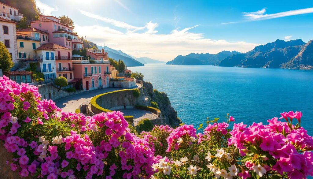 A picturesque spring scene along the Amalfi Coast, Italy. In the foreground, a vibrant display of blooming flowers in shades of pink, purple, and white cascade down a stone wall, framing a winding coastal road. In the middle ground, colorful buildings with terracotta roofs and pastel facades line the cliffside, their windows and balconies adorned with potted plants. Beyond, the sparkling azure waters of the Tyrrhenian Sea stretch out to the horizon, with rugged mountains in the distance. Warm, golden sunlight filters through wispy clouds, casting a soft, romantic glow over the entire landscape. An idyllic scene of springtime on the Amalfi Coast, brimming with natural beauty and Italian charm.