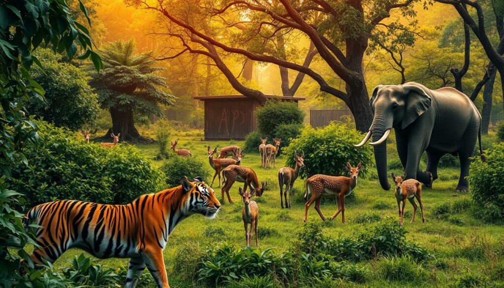 A picturesque wildlife sanctuary in the heart of India, teeming with a diverse array of magnificent creatures. In the foreground, a majestic Bengal tiger stalks through the lush, verdant foliage, its powerful muscles rippling beneath its striped coat. In the middle ground, a herd of graceful chital deer graze peacefully, their dappled hides blending seamlessly with the dappled shadows. Further back, a towering Indian elephant lumbers across the scene, its trunk swaying as it forages. The warm, golden light filters through the canopy, casting a soft, enchanting glow over the entire tableau. Capture the essence of India's vibrant and thriving wilderness in this captivating, high-resolution image.